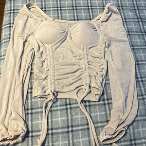 No Boundaries: Long sleeve, cream, fitted dress shirt, padded chest, S (3-5)